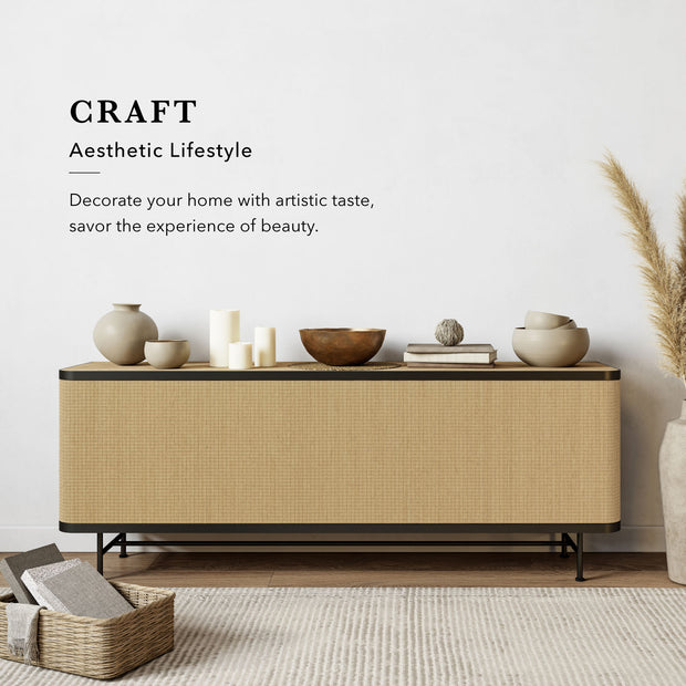 Modern console table with decorative items against a white wall, featuring the brand 'Craft Aesthetic Lifestyle'.