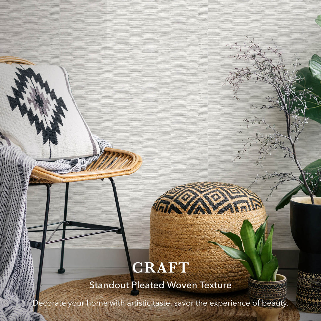 Woven chair, ottoman, and plant in a room with decorative text overlay.