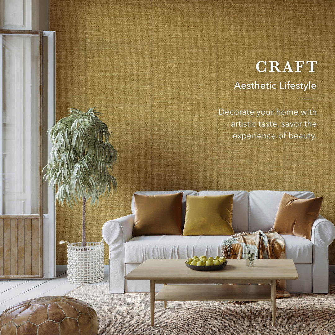 GoDear Design_Living room with a white sofa, wooden coffee table, and decorative elements against a textured yellow wall.