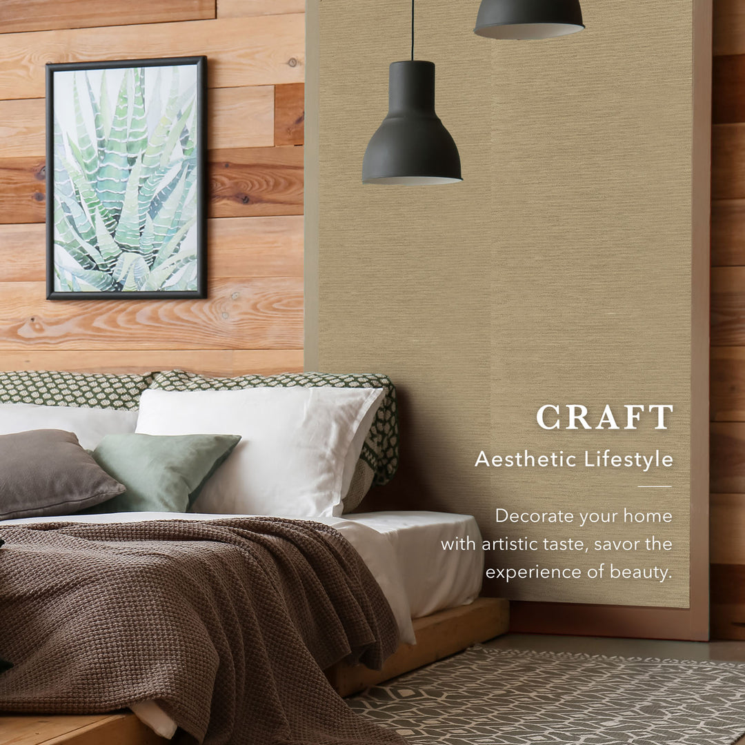 Modern bedroom with wooden wall, framed artwork, and 'CRAFT' lifestyle text.