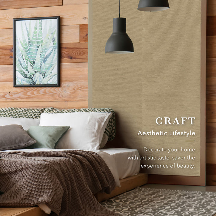 Modern bedroom with wooden wall, framed artwork, and 'CRAFT' lifestyle text.