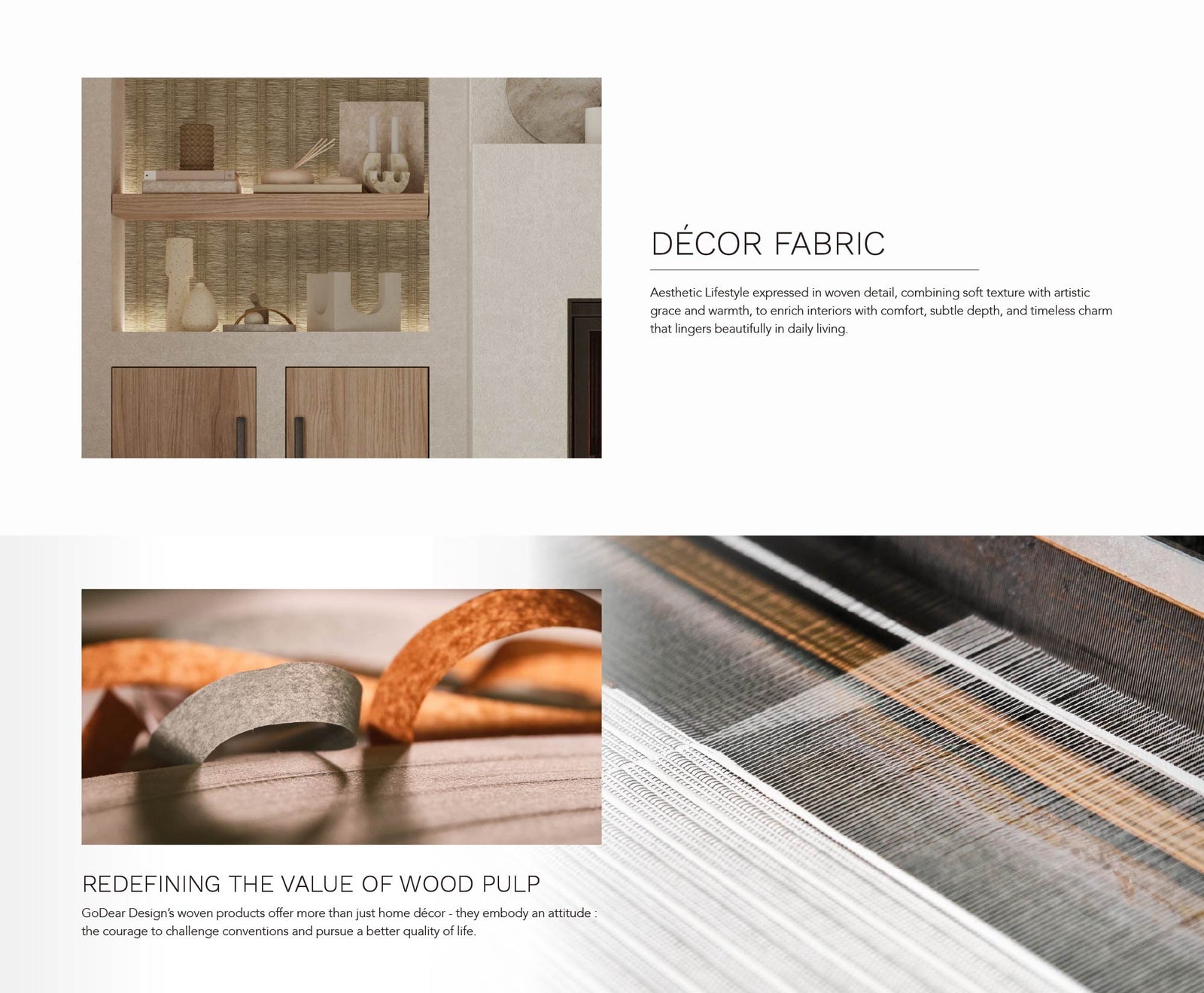 Woven textured wallpaper with natural wood cabinet and modern shelf décor, highlighting soft fabric details and contemporary interior styling.