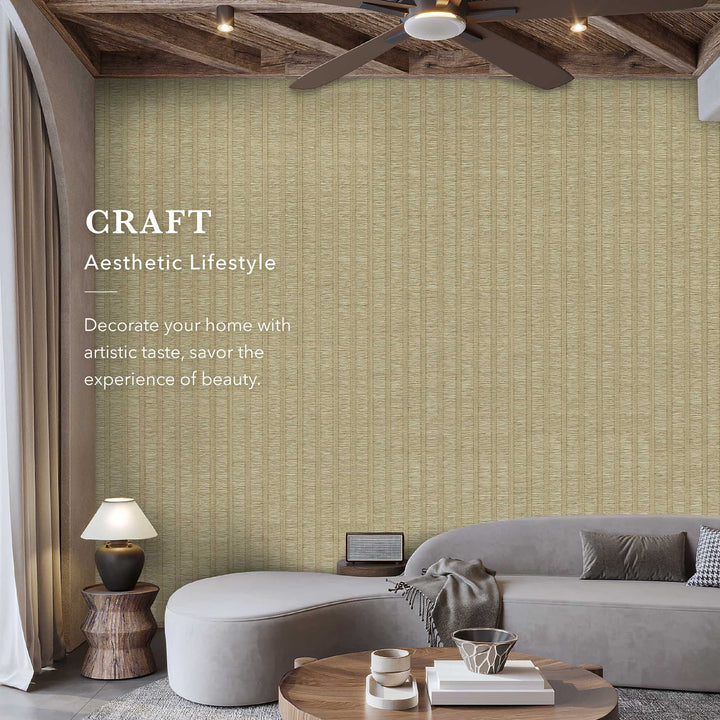 Living room with light beige textured vertical stripe wallpaper, curved gray sofa, wooden coffee table, and rustic wood beam ceiling.