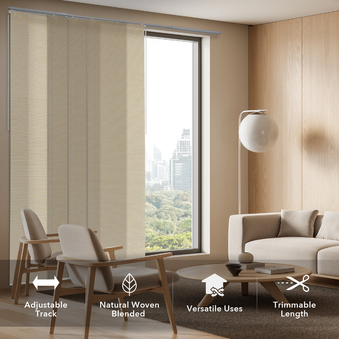 GoDear Design Living room with beige woven blinds, modern furniture, and a cityscape view.