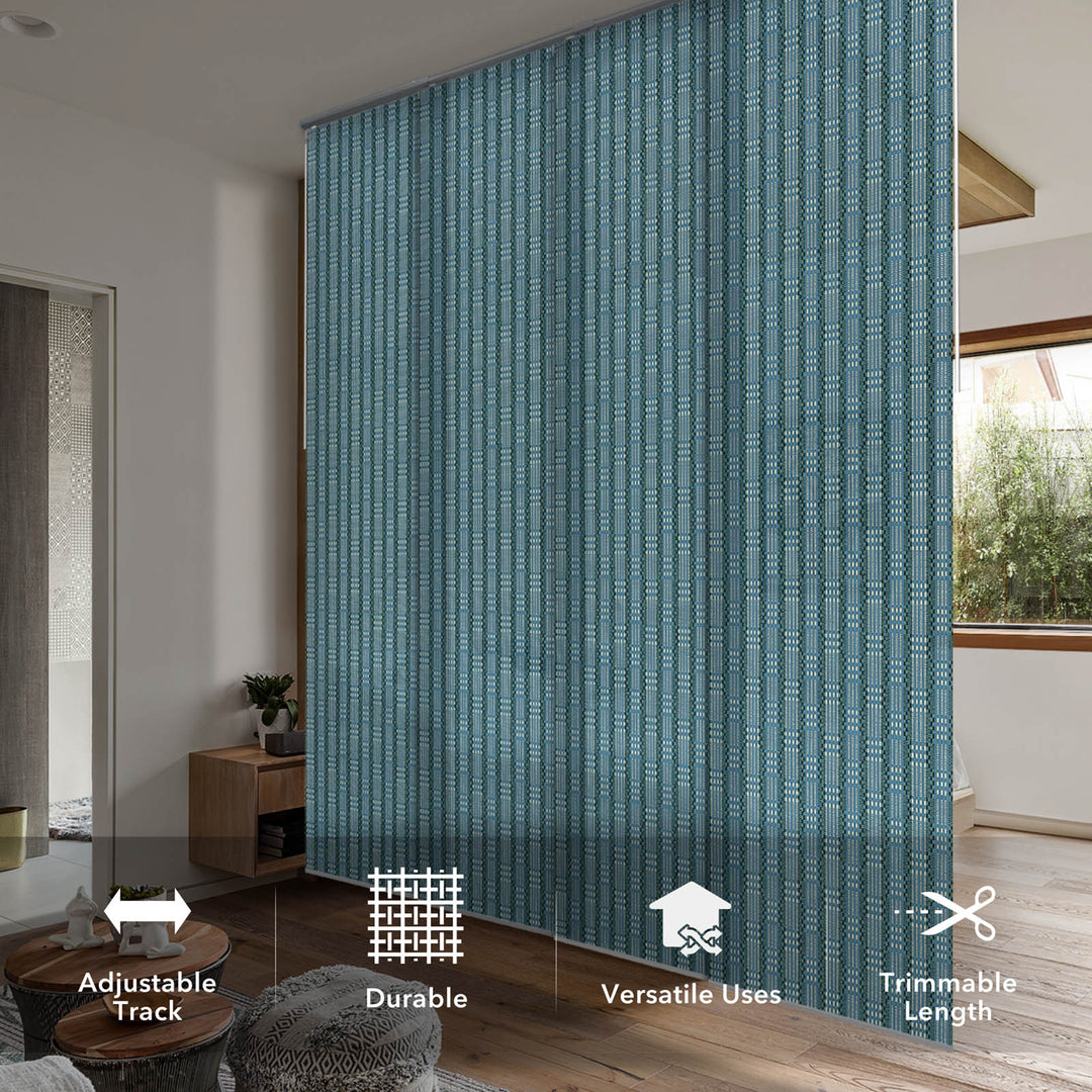 GoDear Design Blue striped curtain in a room with text overlay about curtain features