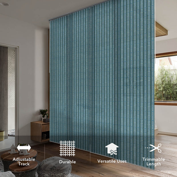 GoDear Design Blue striped curtain in a room with text overlay about curtain features