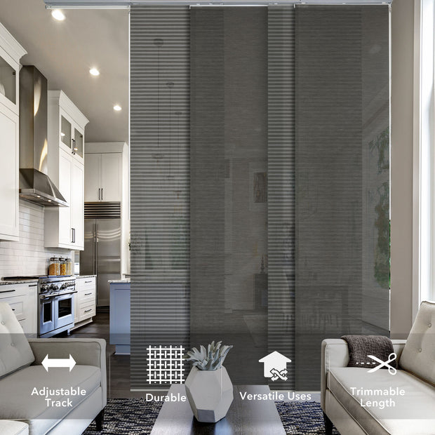 GoDear Design Room divider with adjustable track, durable material, versatile uses, and trimmable length features in a modern living room.