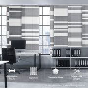 GoDear Design Gray and white striped curtains in an office setting with text highlighting features.