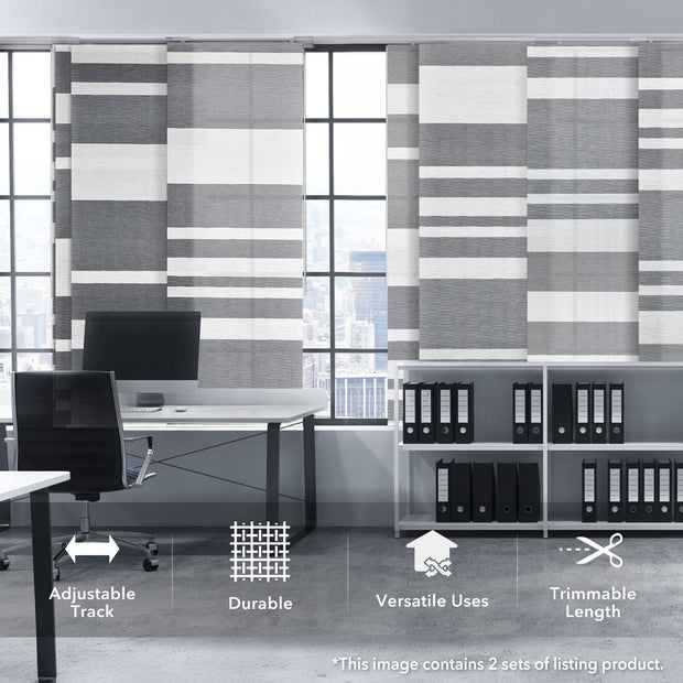 GoDear Design Gray and white striped curtains in an office setting with text highlighting features.