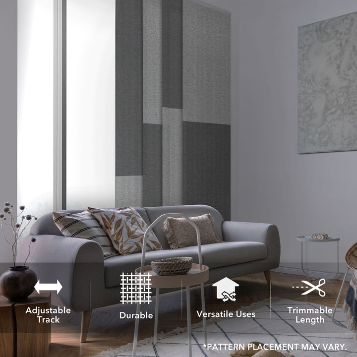 GoDear Design Living room with a gray sofa and decorative pillows, featuring text on adjustable track, durability, versatility, and trimmable length.