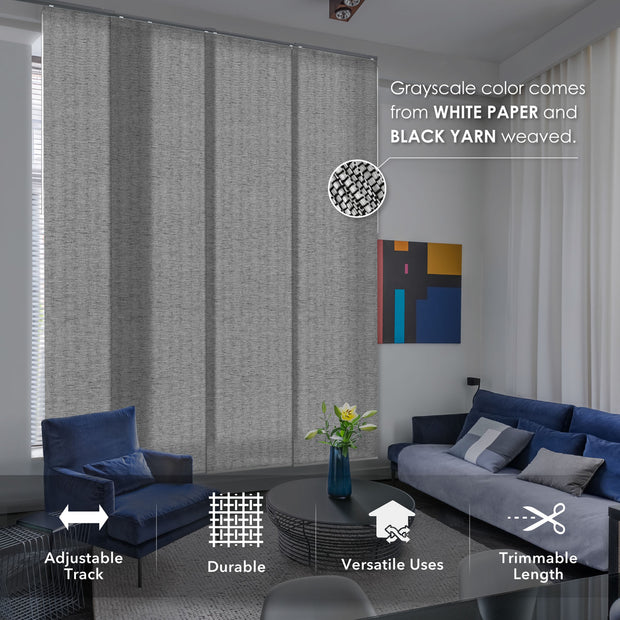 GoDear Design Living room with gray blinds and blue sofa, featuring text about material and product features.