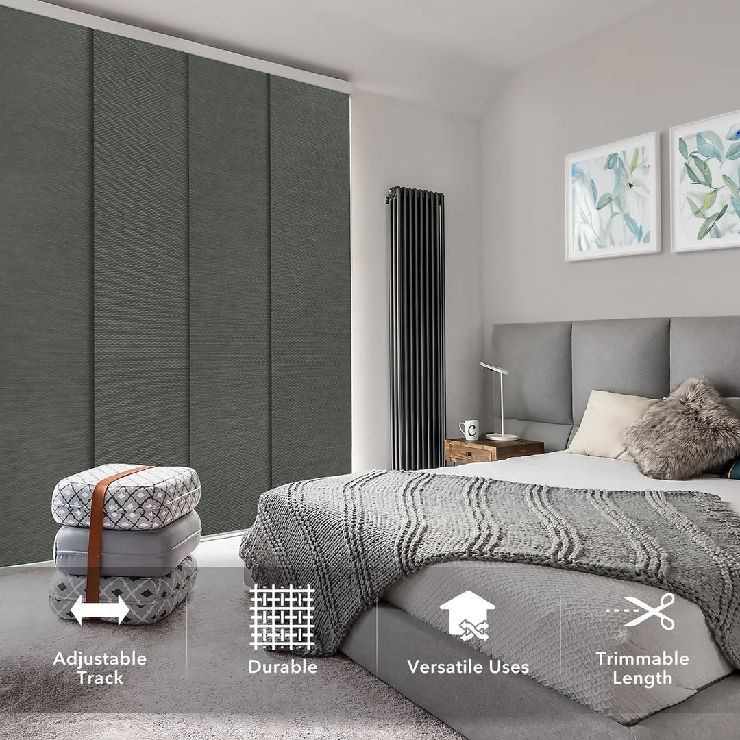 Gray bedroom with upholstered headboard and adjustable ottoman, featuring text labels on the ottoman.