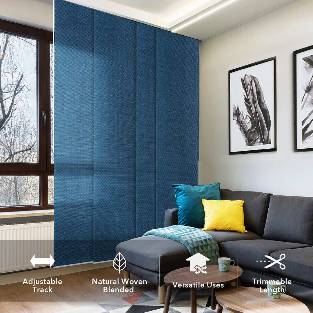 GoDear Design Living room with blue woven blind, gray sofa, and decorative pillows.