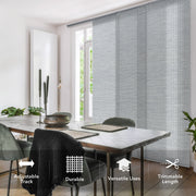 GoDear Dining room with a large window featuring vertical blinds, showcasing features like adjustable track, durability, versatile uses, and trimmable length.