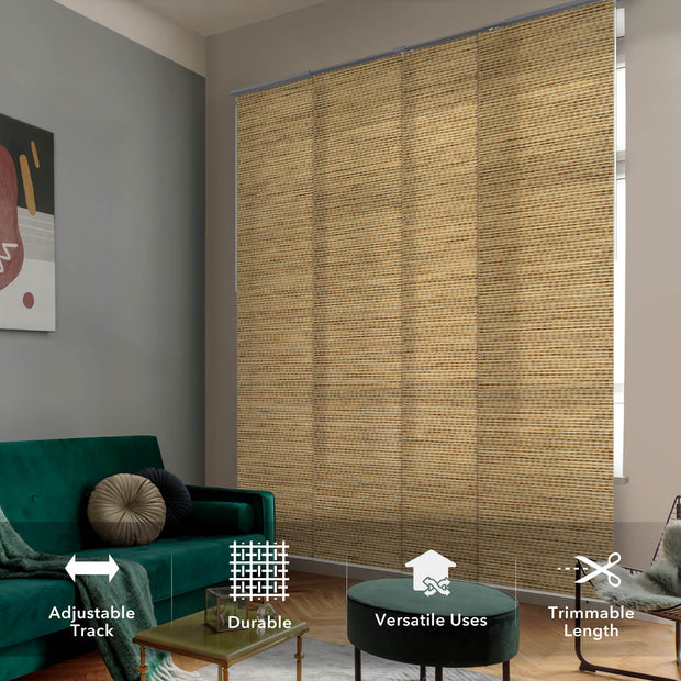 GoDear Living room with woven blinds, green sofa, and gray walls