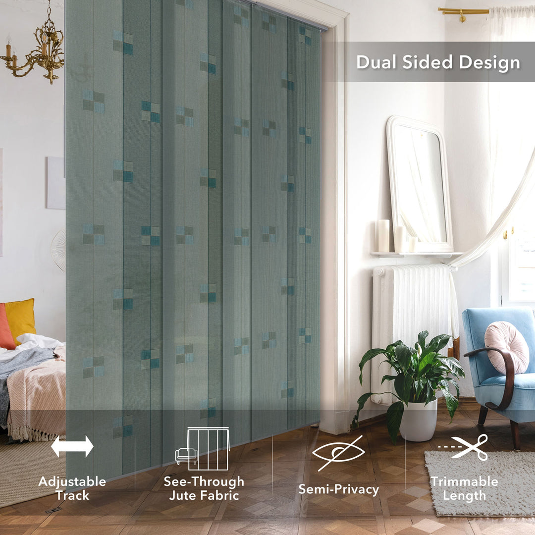 GoDear Sheer curtain with geometric pattern in a room setting, highlighting features like dual-sided design, adjustable track, see-through jute fabric, semi-privacy, and trimmable length.