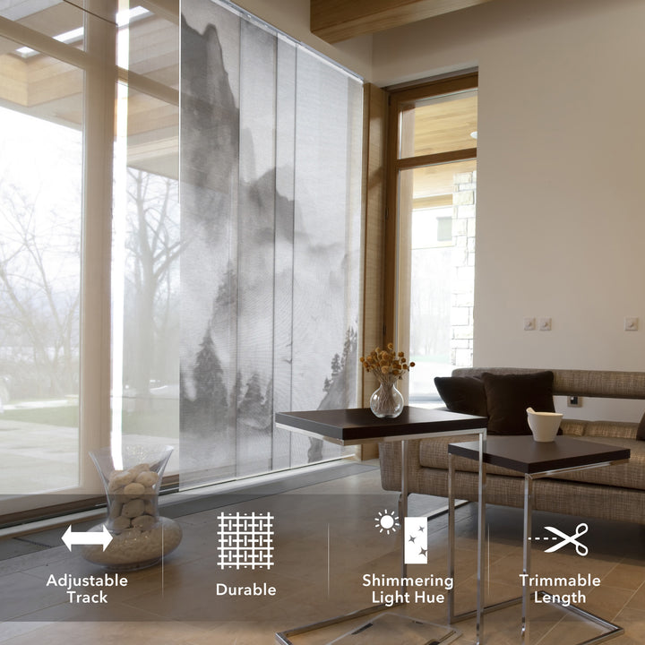 GoDear Modern living room with adjustable privacy window film, featuring text labels on screen.