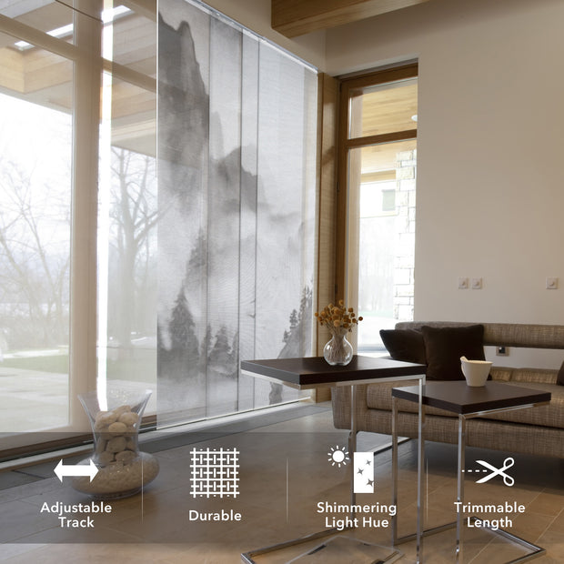 GoDear Modern living room with adjustable privacy window film, featuring text labels on screen.