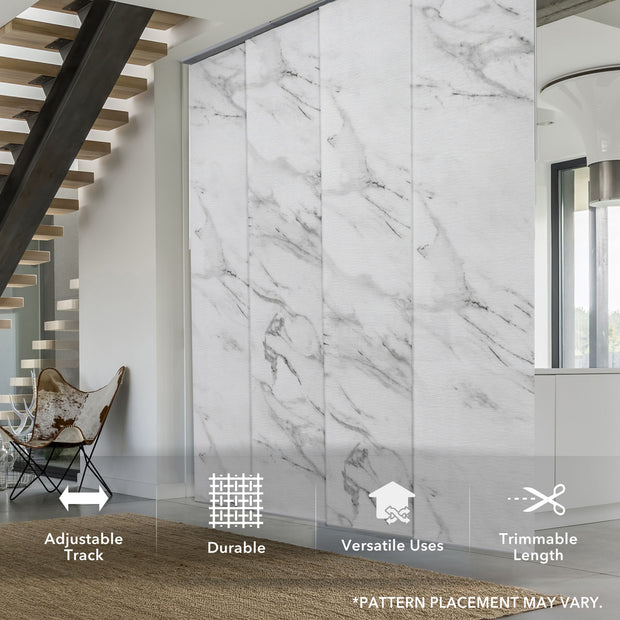 GoDear Design 8Marble-patterned wall panels in a modern interior setting with text indicating features.