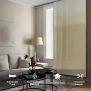 Living room with beige woven blinds, sofa, and lamp.