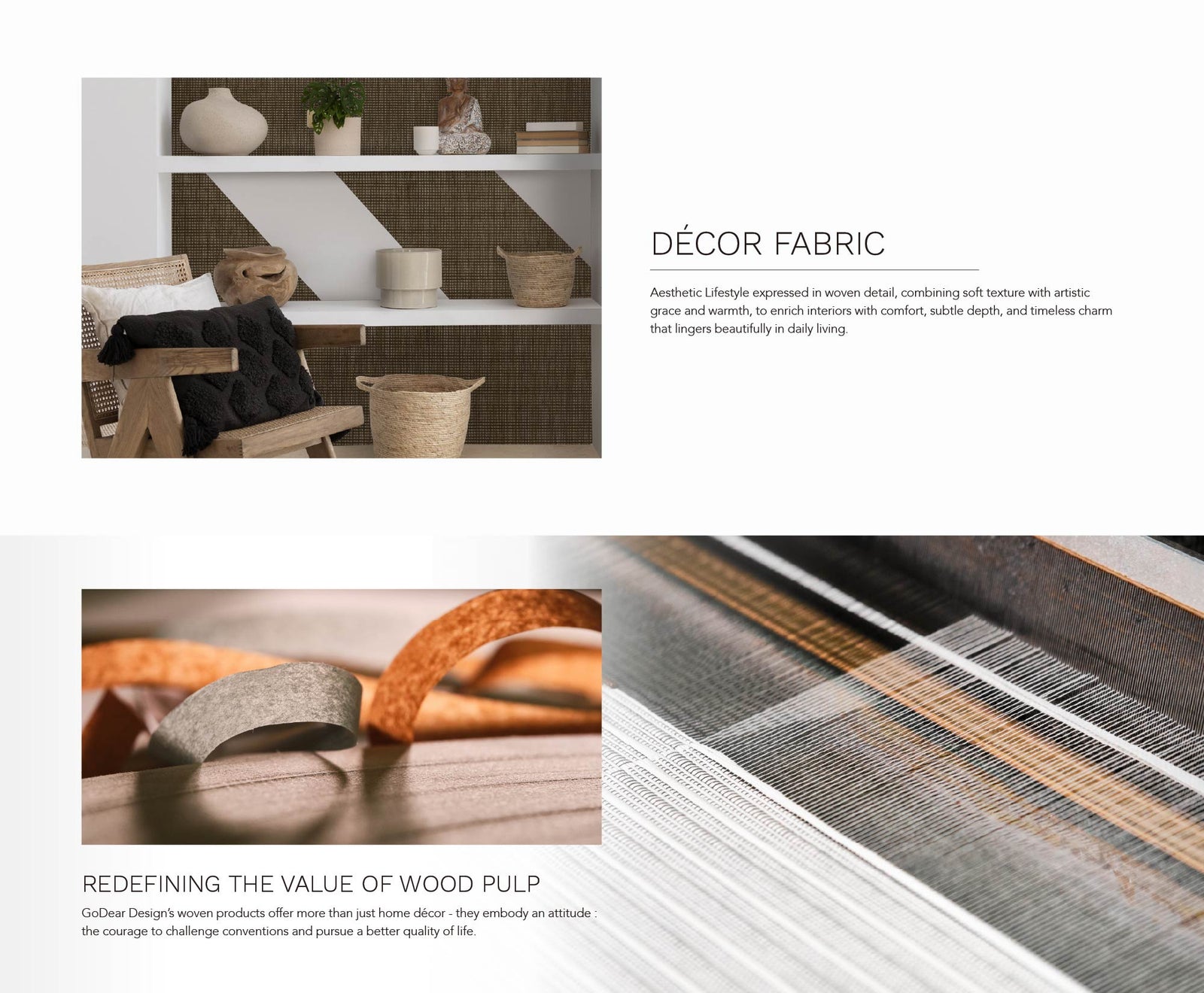 Decorative fabric with woven pattern and text about redefining the value of wood pulp.