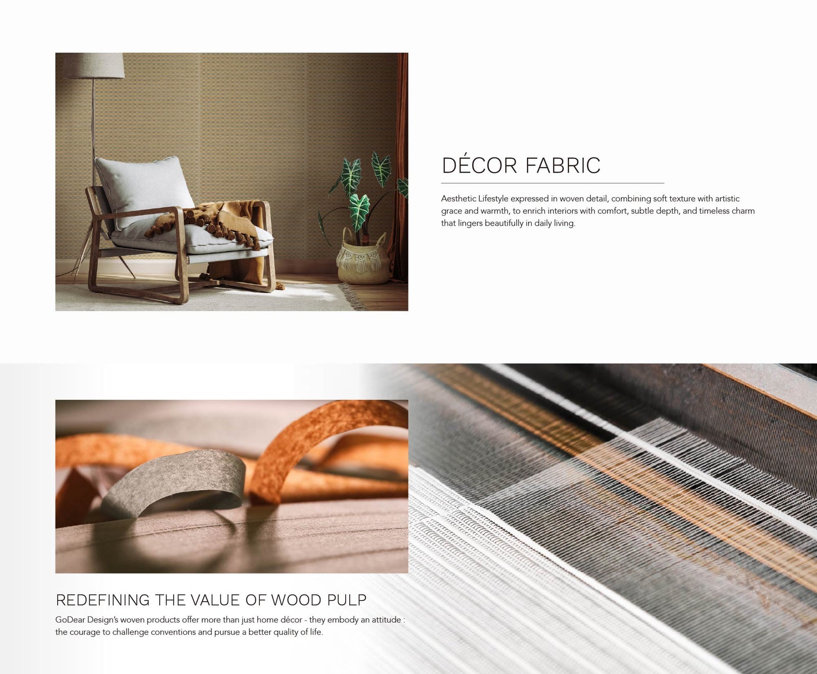 Collage of decor fabric, wooden chair, and woven material with text on a white background.