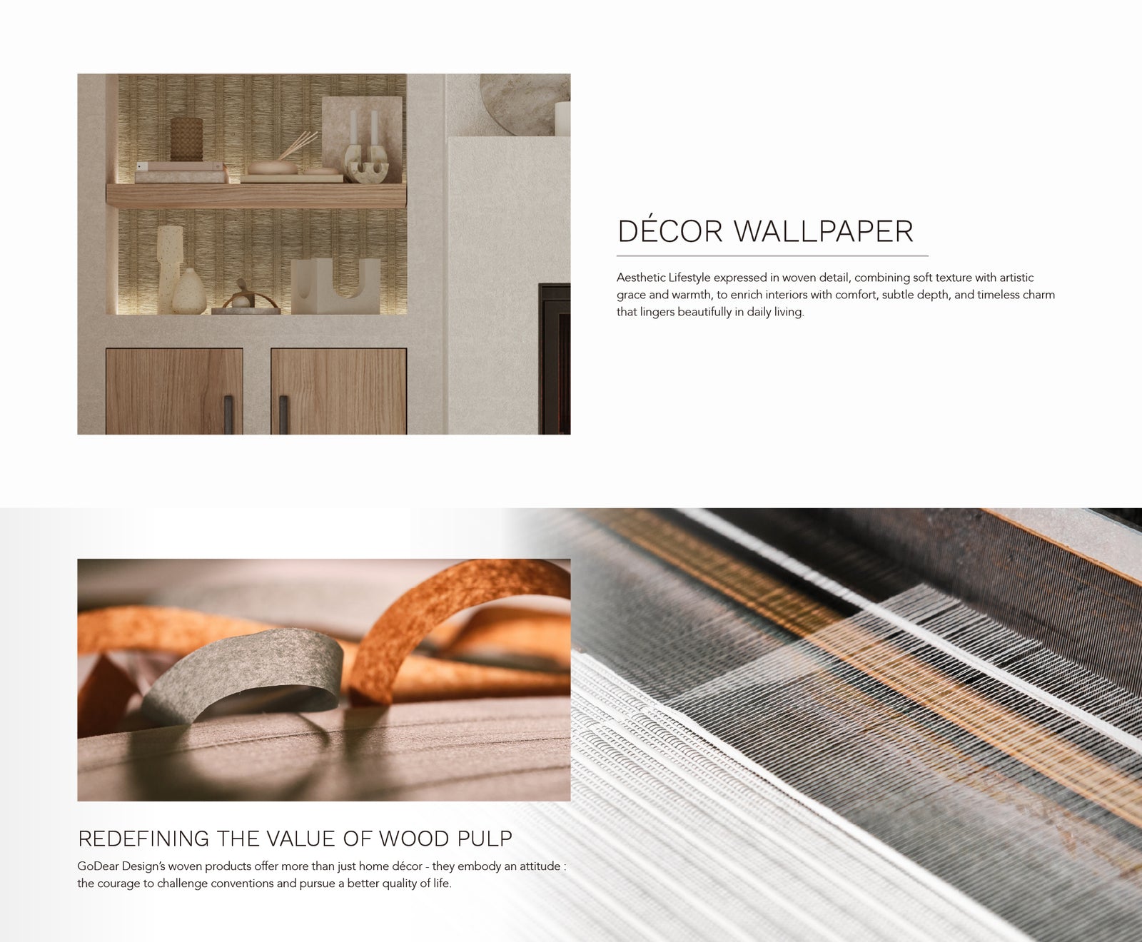 GoDear Design_Decorative wallpaper with wood texture and lifestyle images of a room.