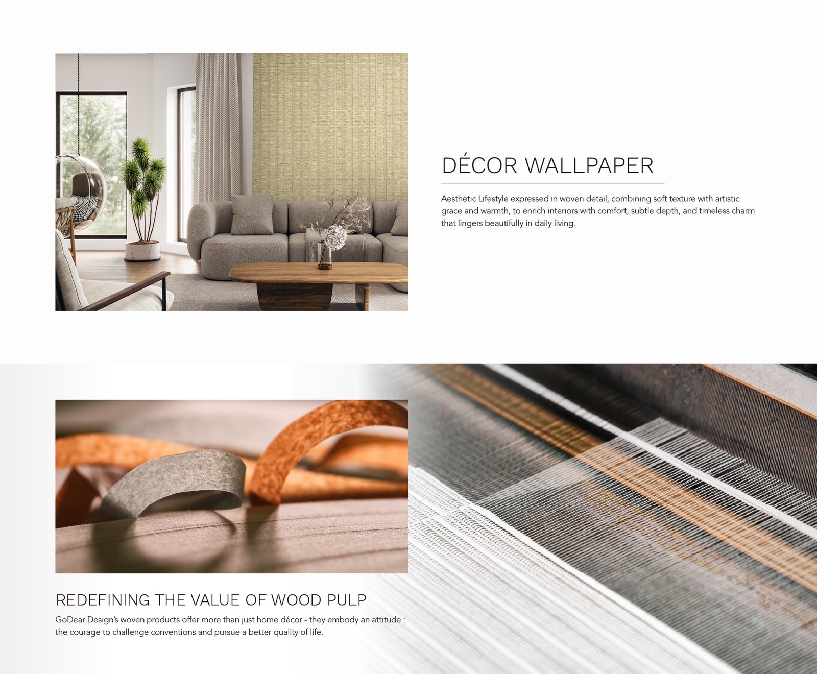 GoDear Design_Decorative wallpaper with a living room setting and close-up of wood texture.