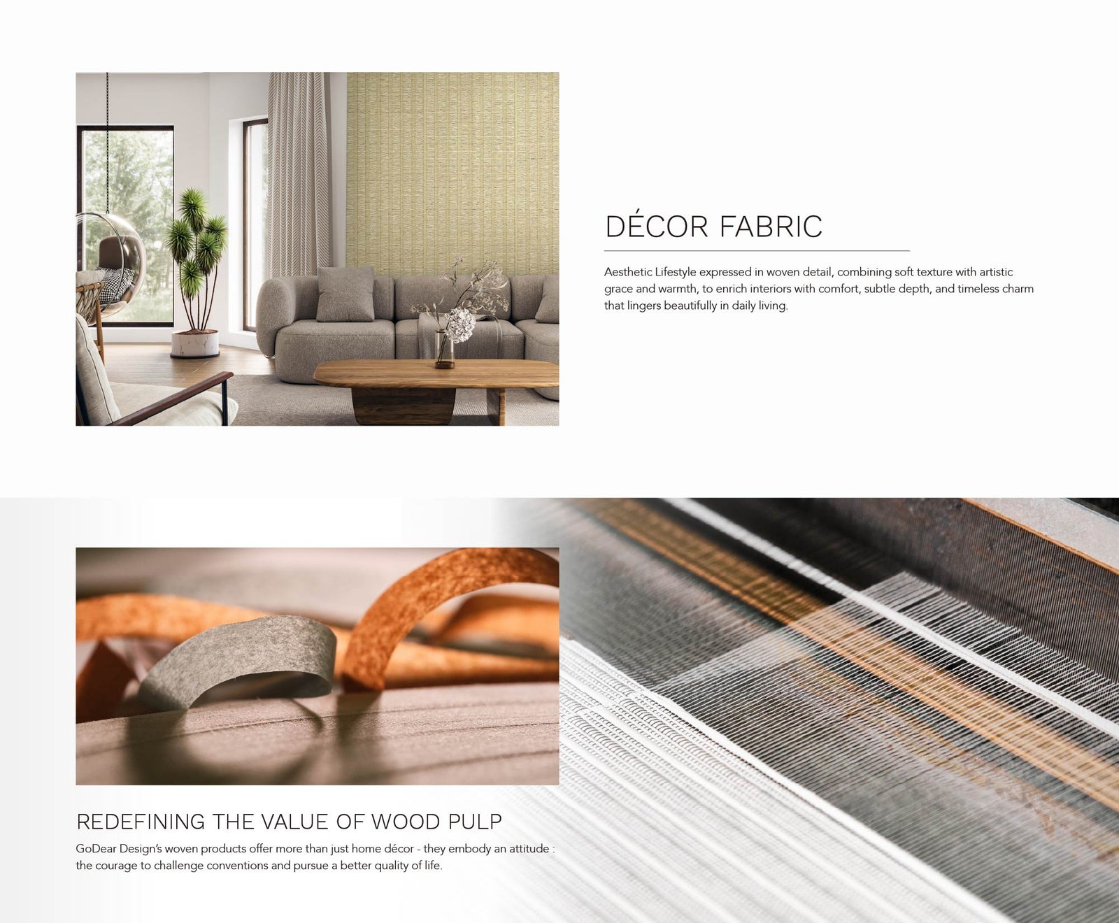 Modern living room with textured wallpaper, neutral sectional sofa, wooden coffee table, and floor-to-ceiling windows with natural light.