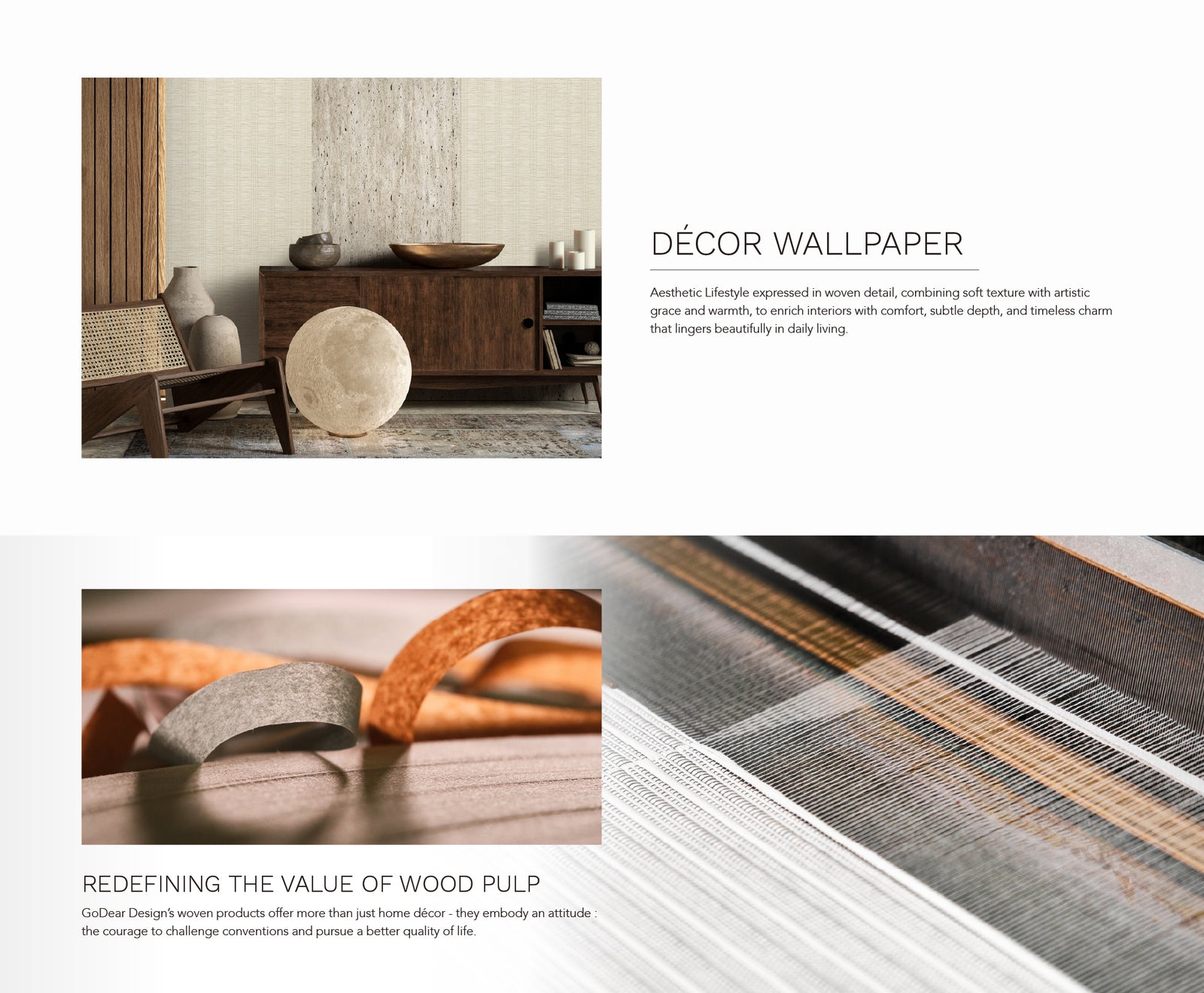GoDear Design_Decorative wallpaper with wood texture and furniture in a room setting.