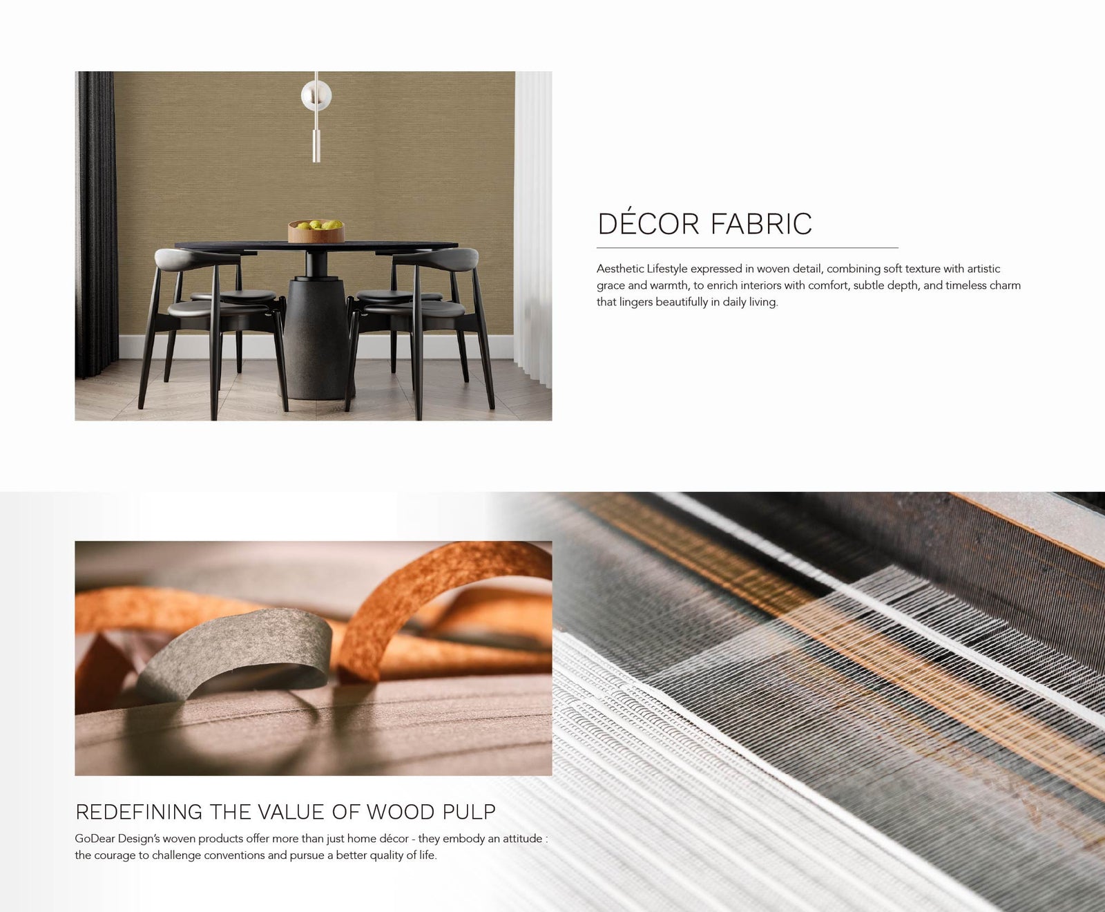 Modern dining room with a black round table, minimalist décor, and soft woven texture shown as décor fabric