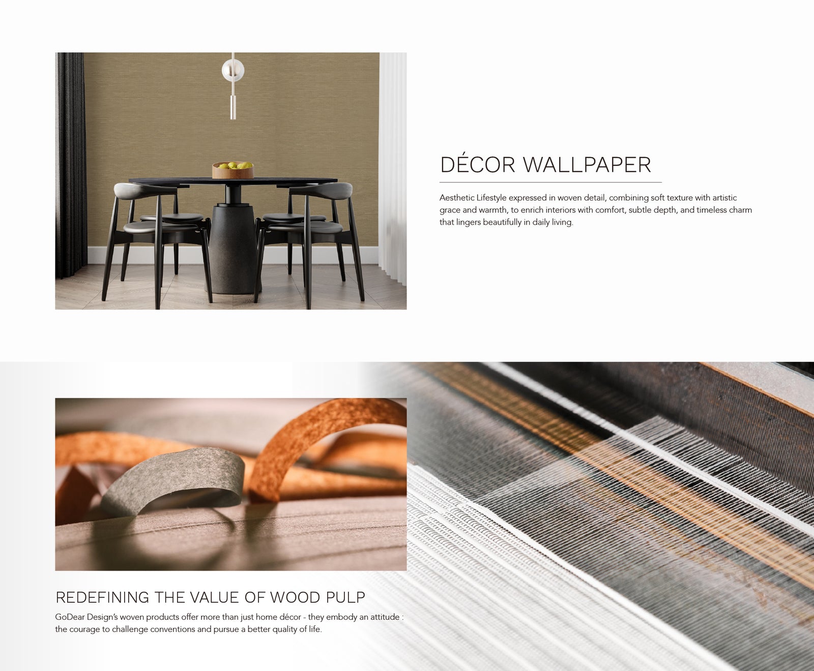 GoDear Design_Decorative wallpaper with a table and chairs in a room, showcasing wood pulp value.