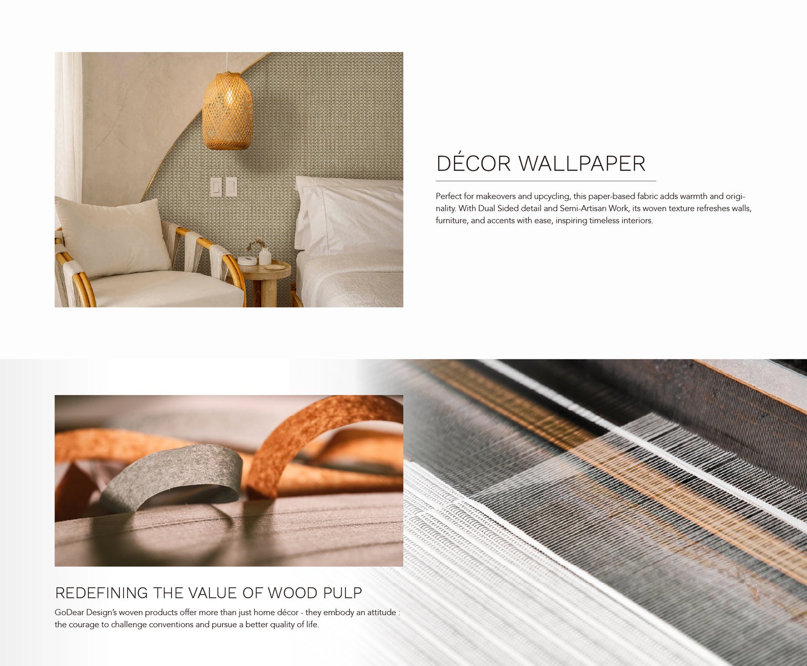 GoDear Design_Decorative wallpaper with wood pulp texture and a room setting.