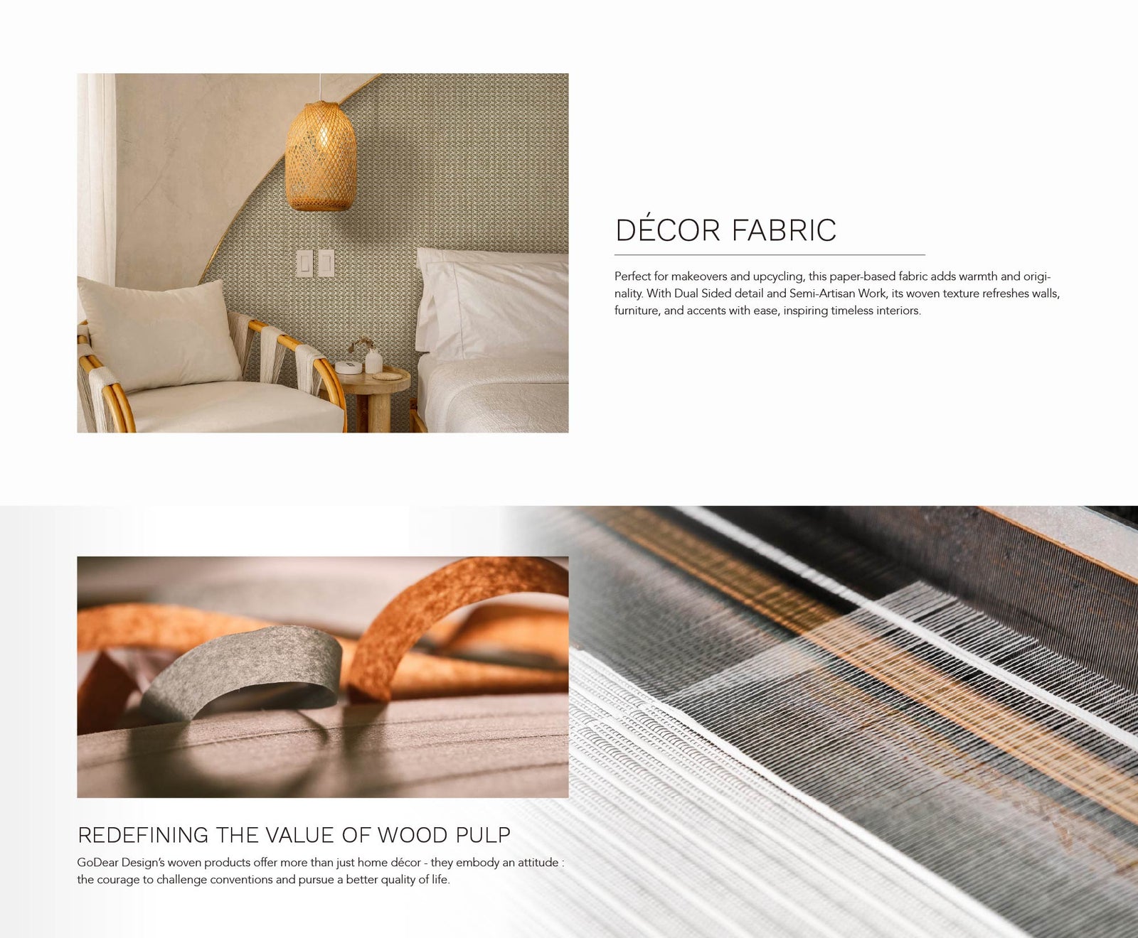 Modern bedroom with woven textured wall, rattan pendant light, and cozy armchair.