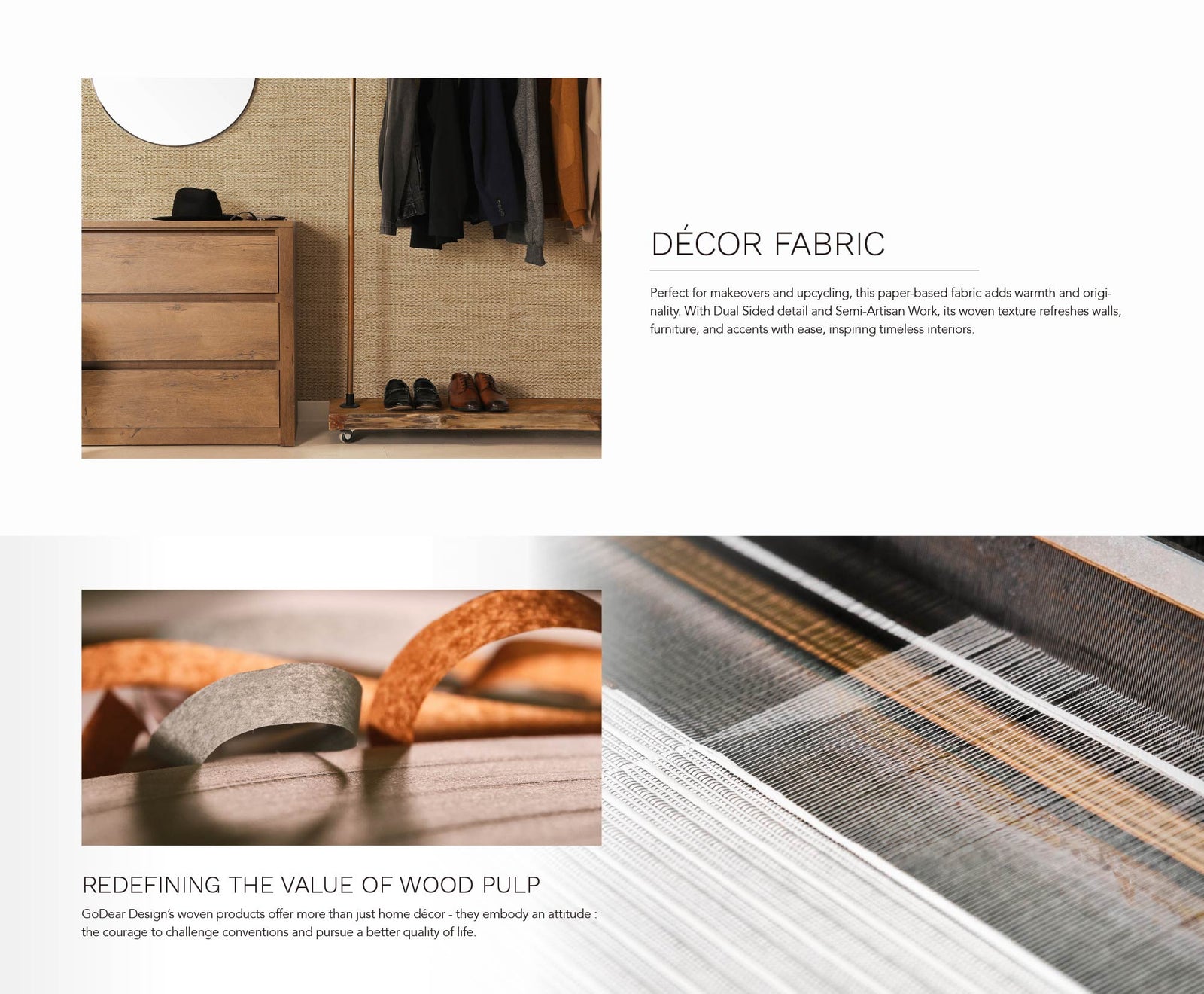 Close up of textile weaving machine with threads in motion and natural fiber strips.