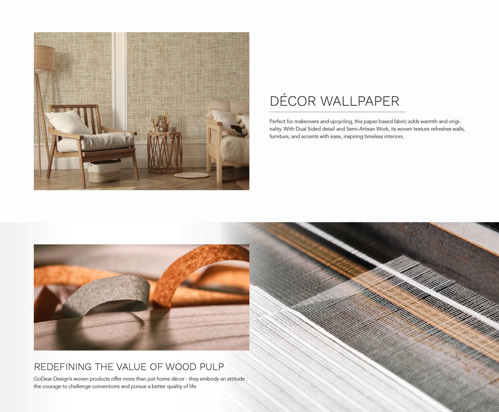 GoDear Design_Decorative wallpaper with a wooden chair and table in a room setting, featuring text about wood pulp.