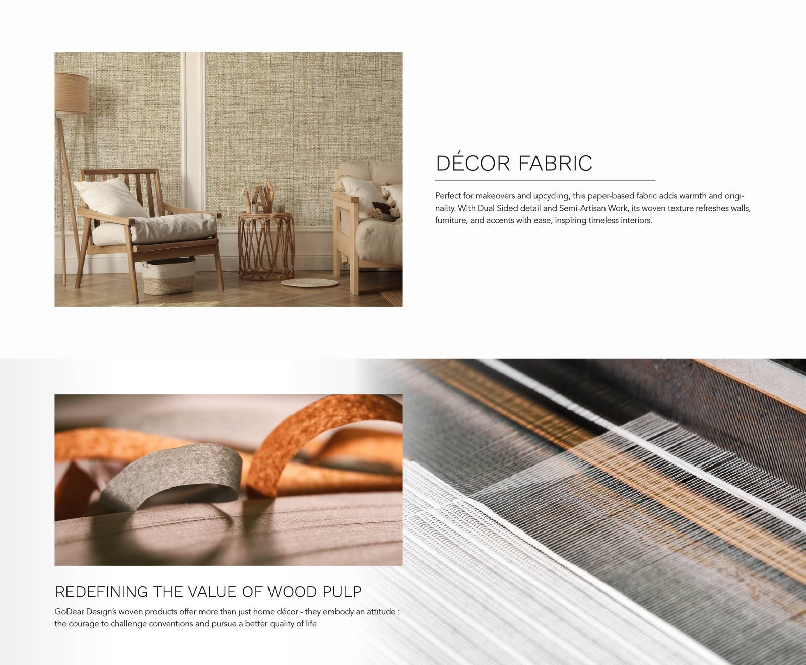 Modern living space with rattan side table, floor lamp, and minimalist wooden furniture.