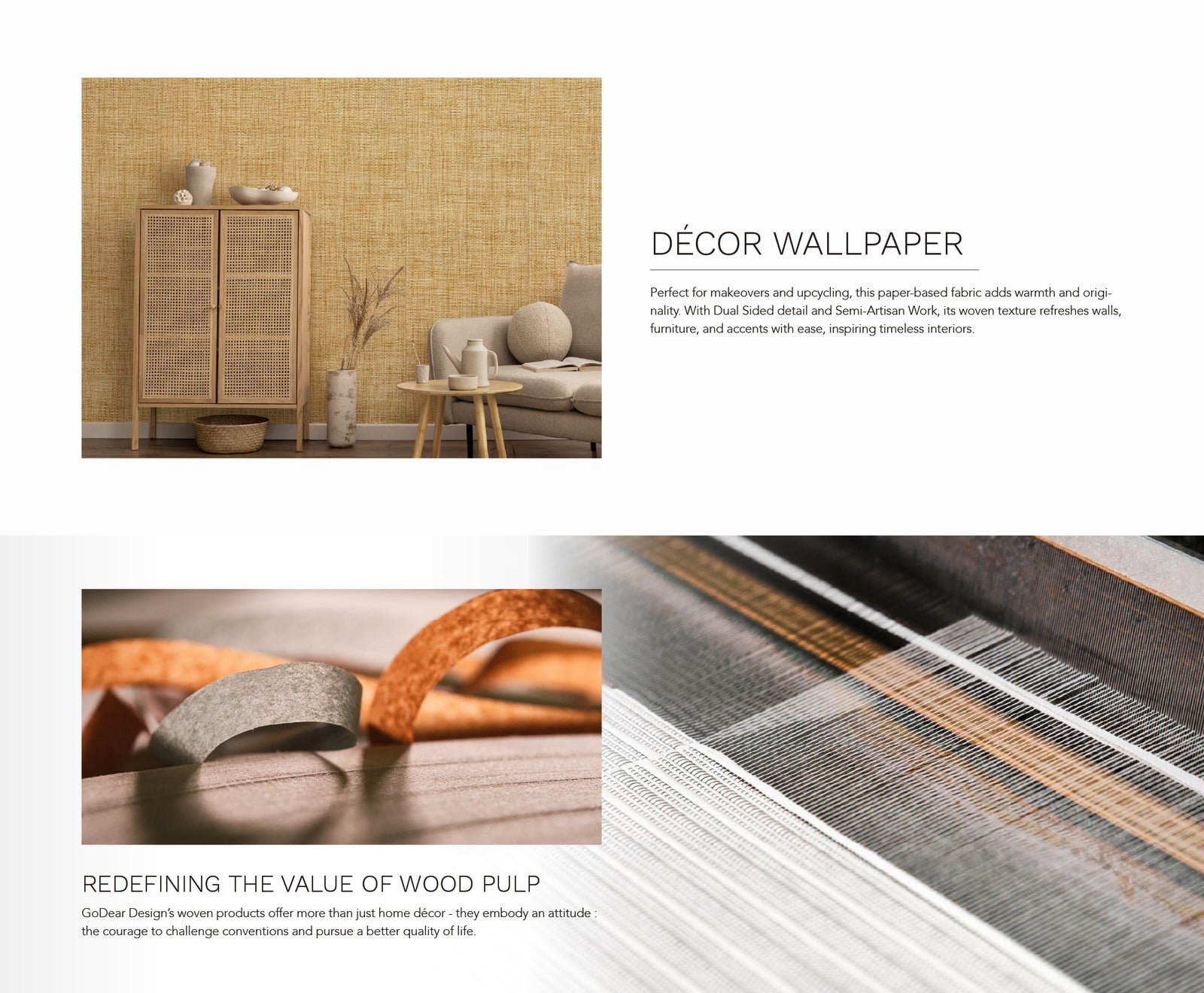 GoDear Design_Decorative wallpaper with woven design, furniture, and text on a white background.