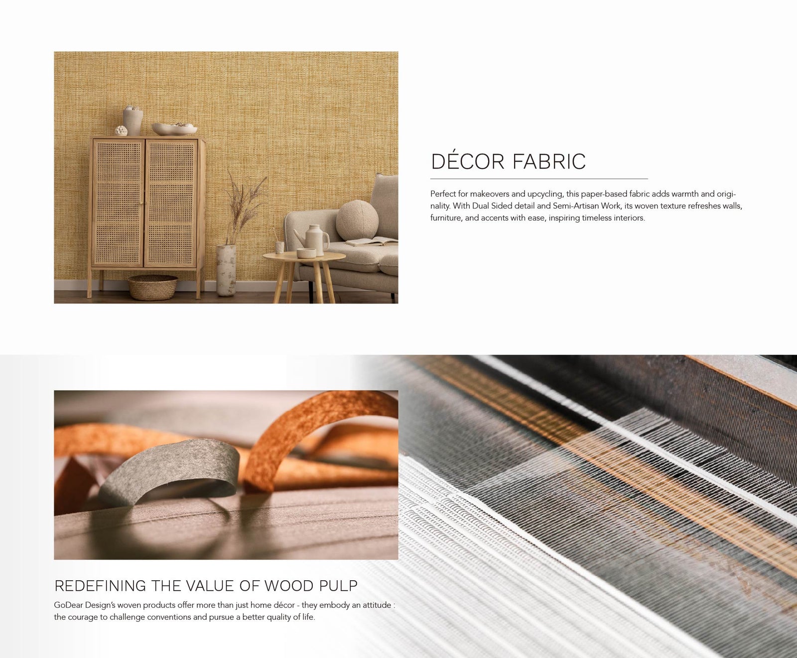 Scandinavian living room with woven accent wall, rattan cabinet, neutral sofa, and minimalist ceramic vases.