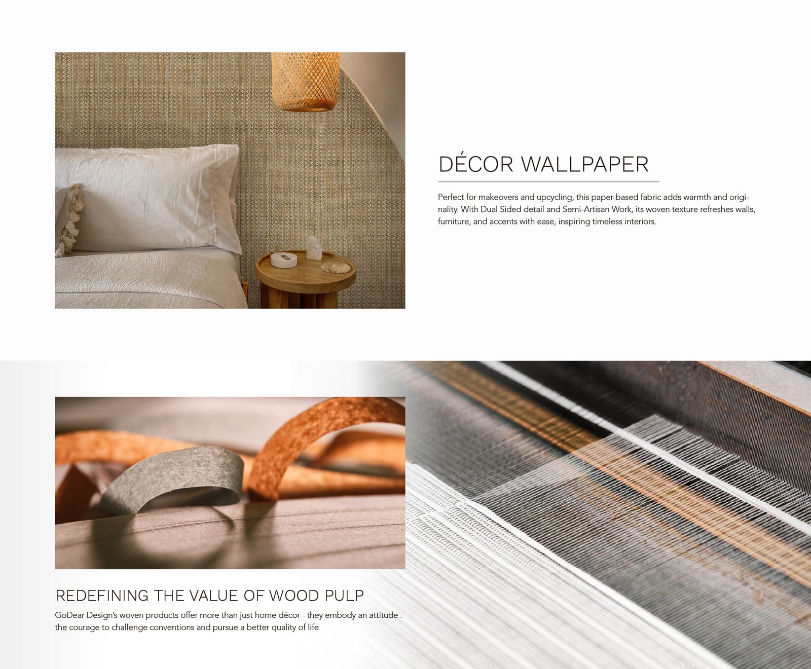 GoDear Design_Decorative wallpaper with natural wood texture and a minimalistic room setup.