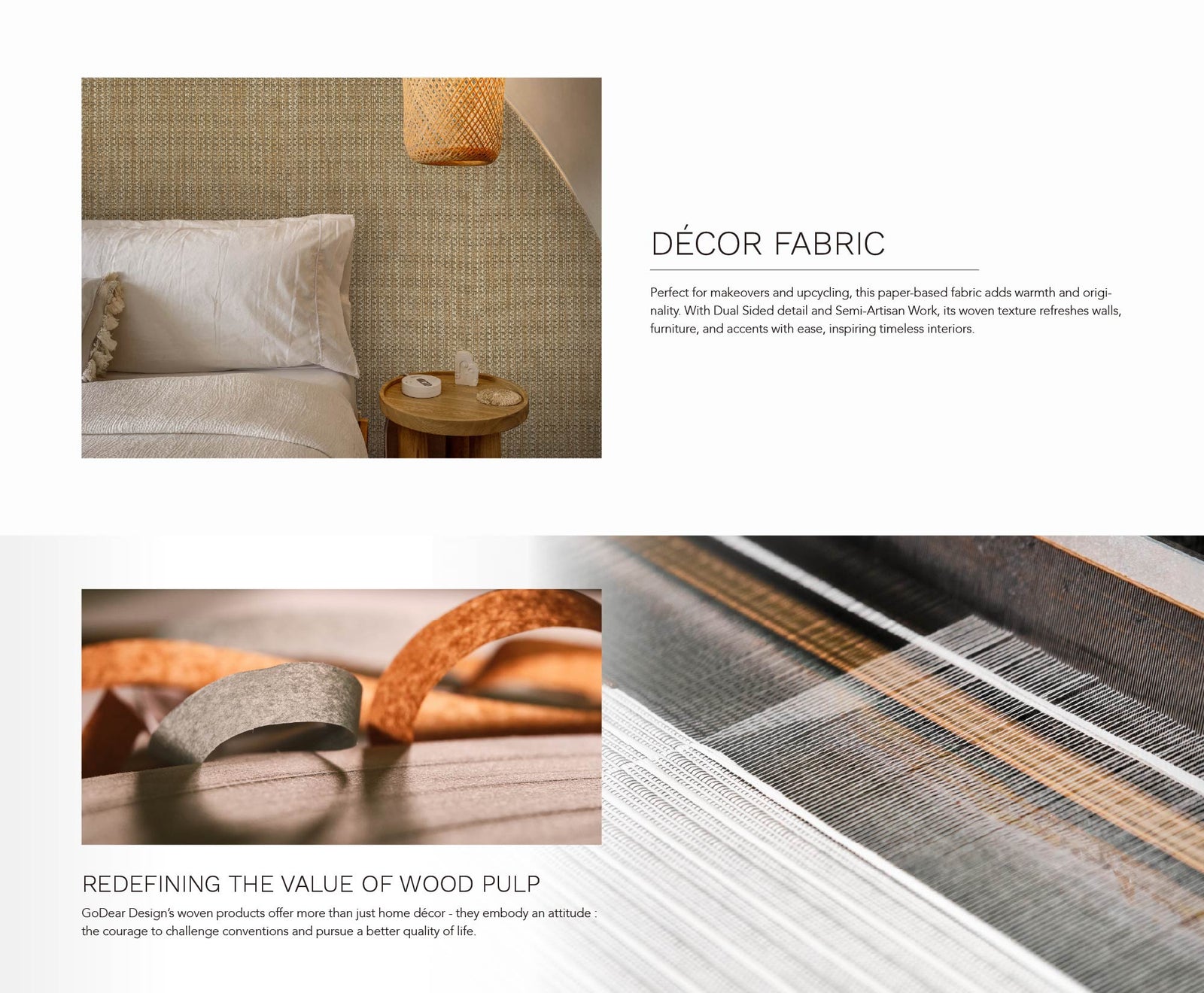 Minimalist bedroom with woven textured wall, wooden nightstand, white bedding, and rattan pendant lamp.