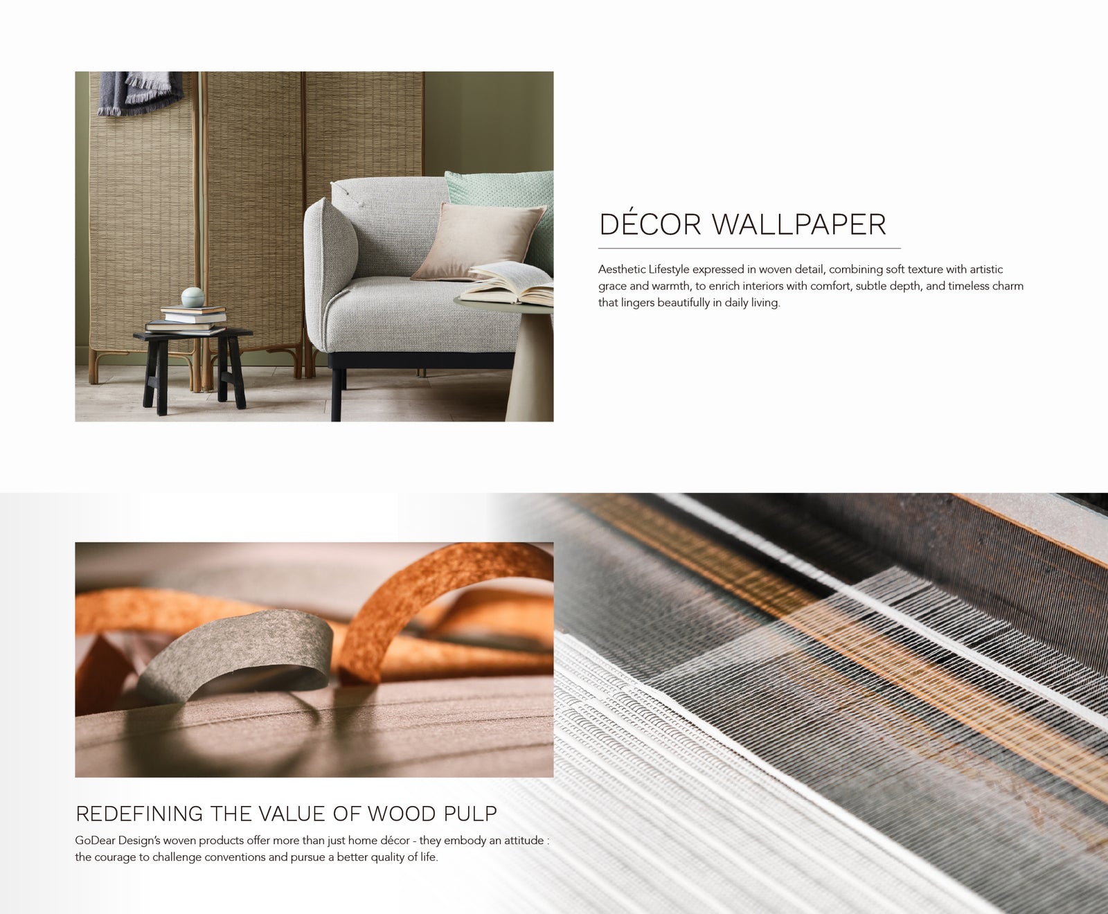 GoDear Design_Decorative wallpaper with a modern interior setting featuring a sofa and side table.