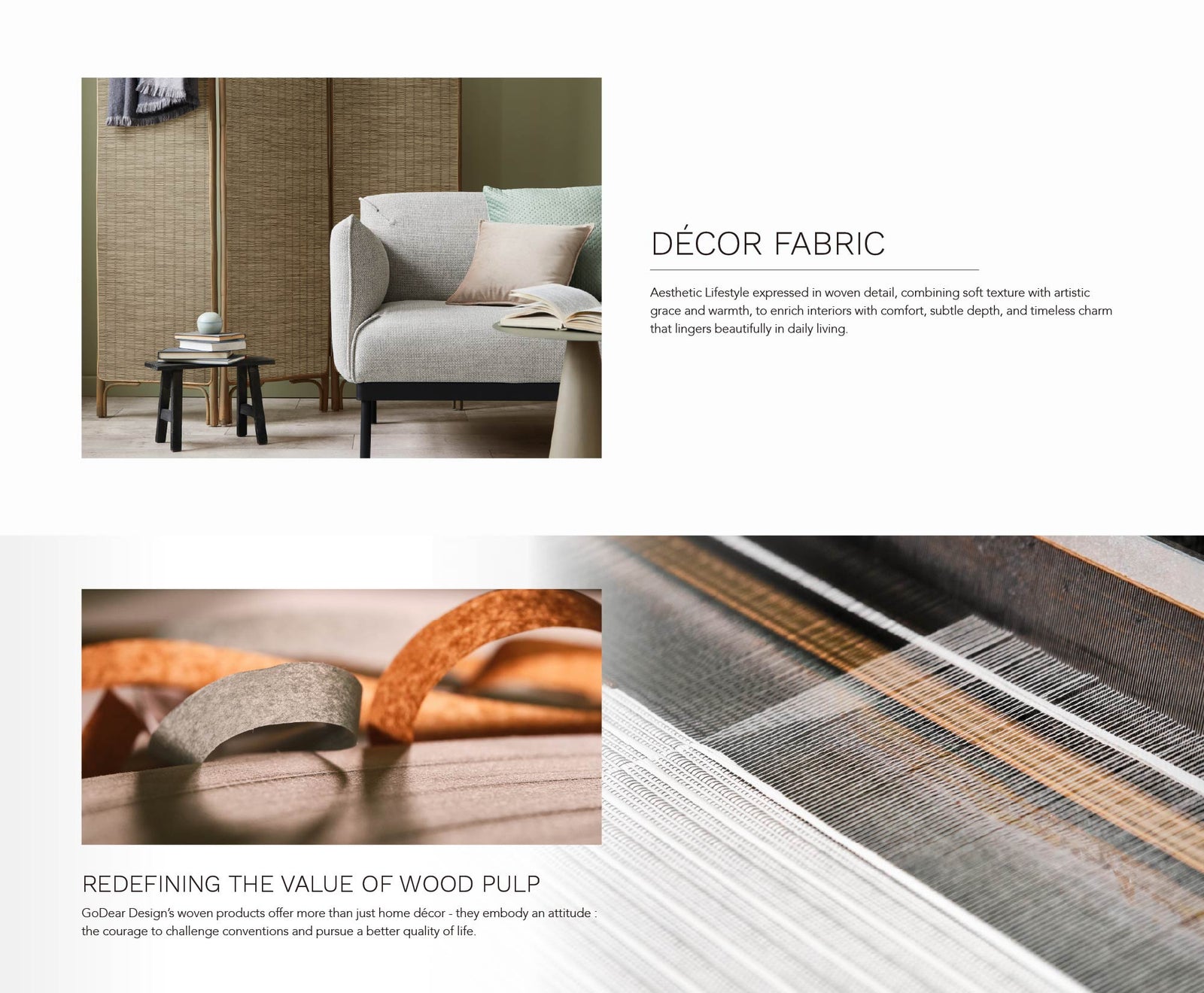 Cozy contemporary living room with woven room divider, neutral sofa, soft throw pillows, and natural wood accents.