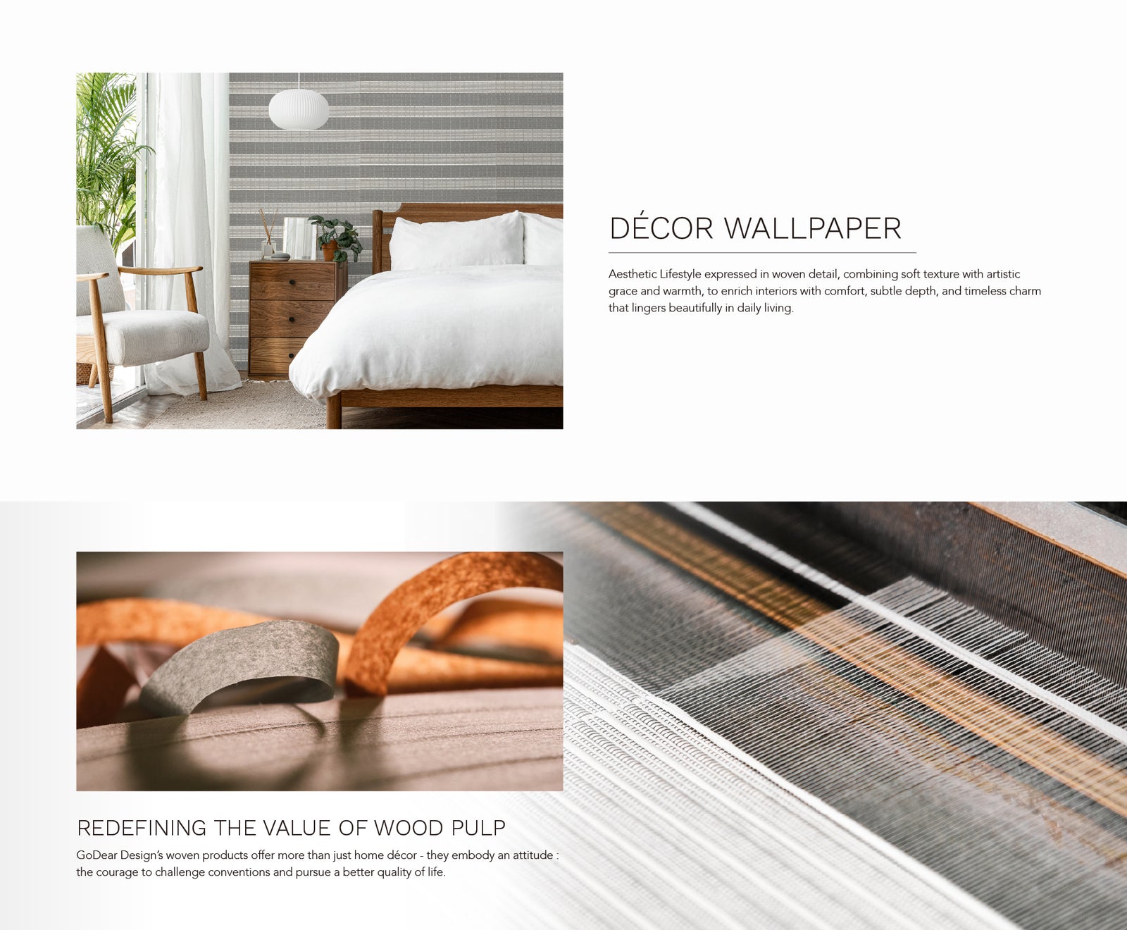 GoDear Design_Advertisement for decor wallpaper with a bedroom scene and close-up of wood texture.