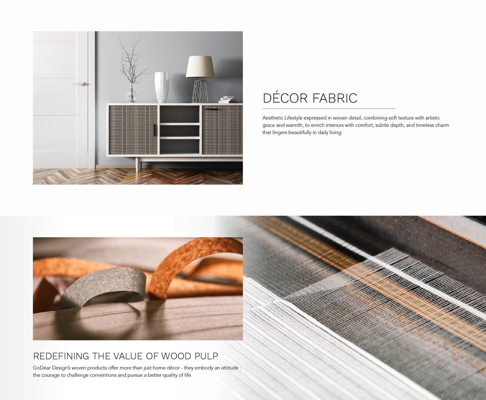 Minimalist interior with a sideboard featuring textured plaid wallpaper panels, decorative table lamp, glass vases, and wooden herringbone flooring.