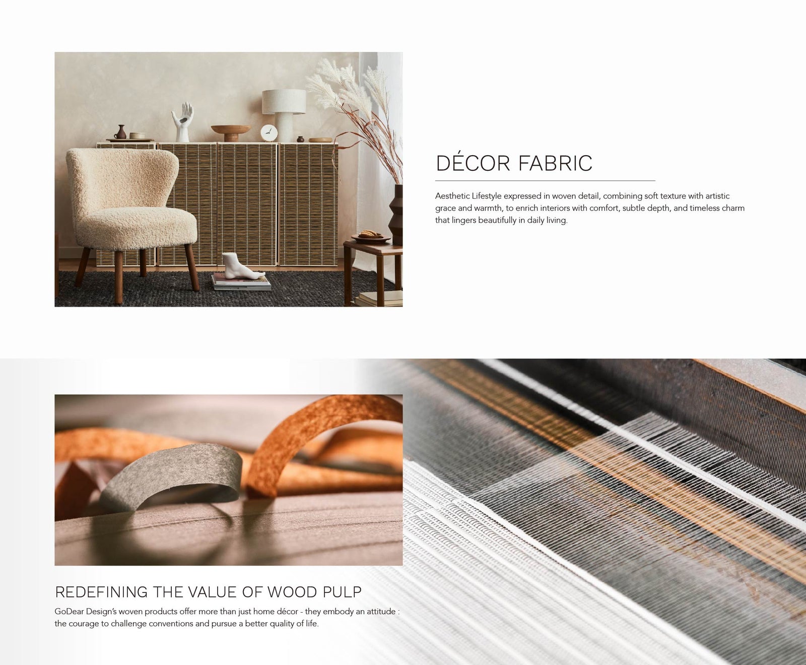 Cozy modern interior with textured woven cabinet, soft cream accent chair, minimalist decor, and warm natural lighting.