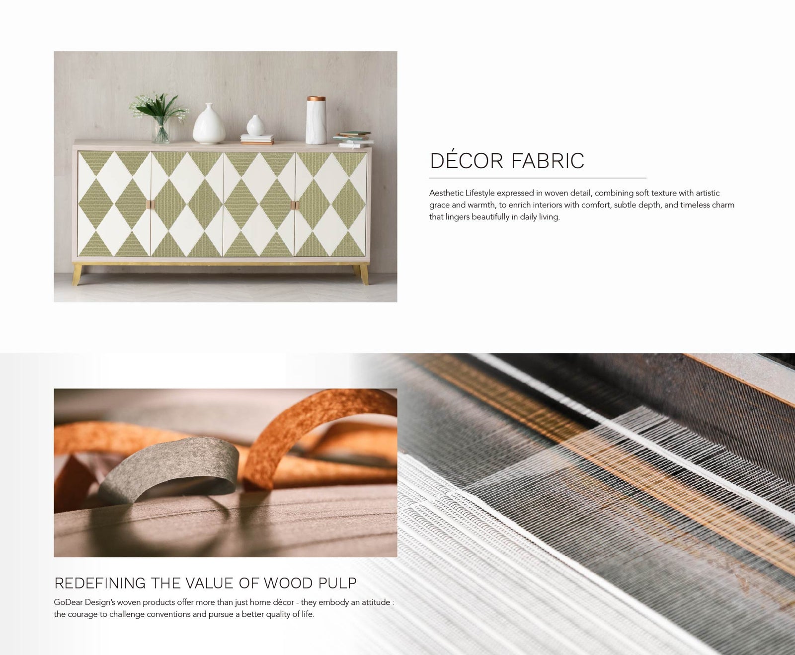 Modern sideboard with geometric diamond-patterned cabinet doors in light green textured finish, styled with minimalist white vases and books, on a neutral wood backdrop.