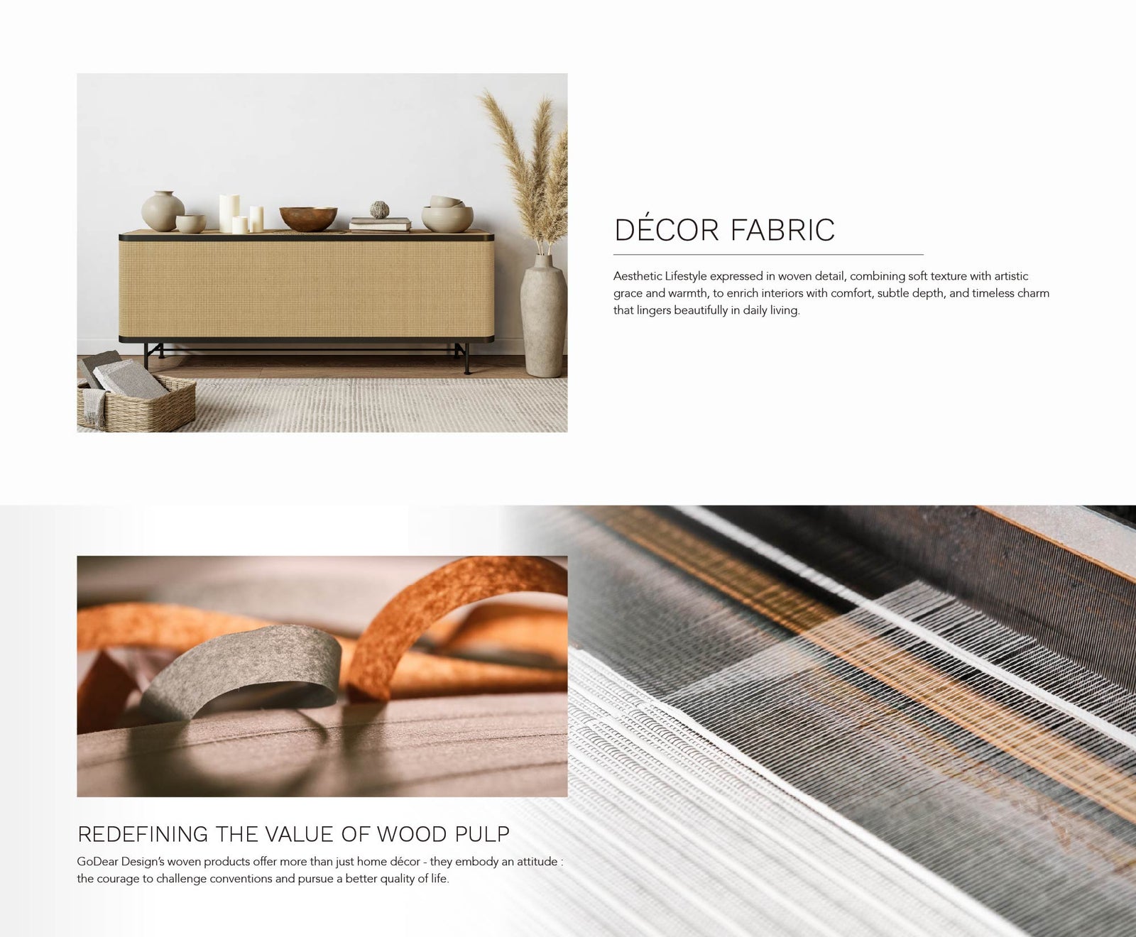 Modern interior with a beige woven textured cabinet, minimalist ceramic vases, pampas grass, and natural woven materials highlighting décor fabric and wood pulp craftsmanship.