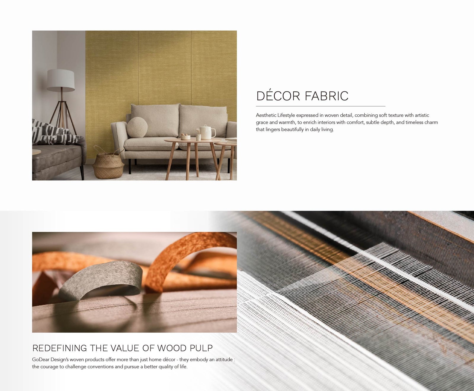 Modern living room with woven textured accent wall, beige sofa, wooden coffee tables, and natural basket decor.