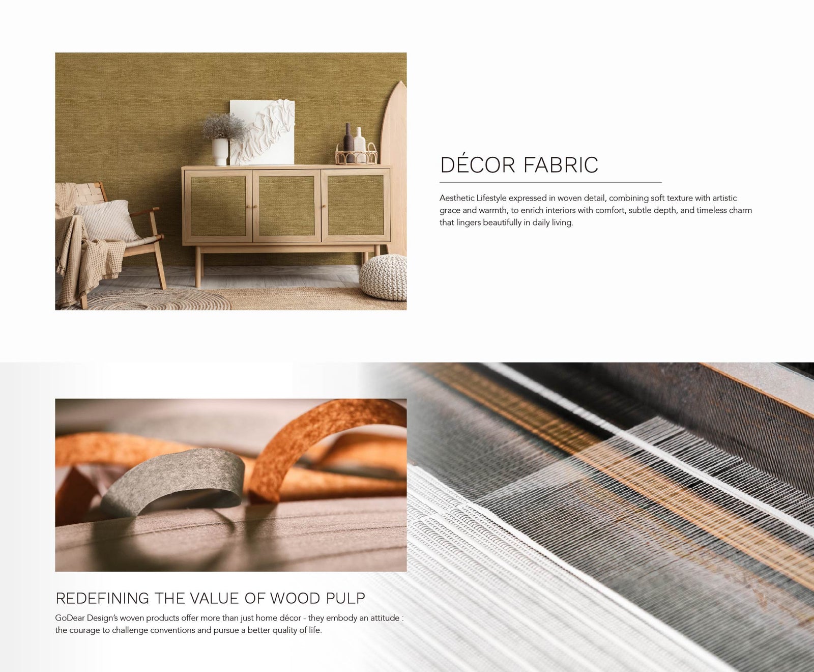 Cozy living room with woven textured accent wall, wooden sideboard, natural decorative elements, and neutral lounge chair.